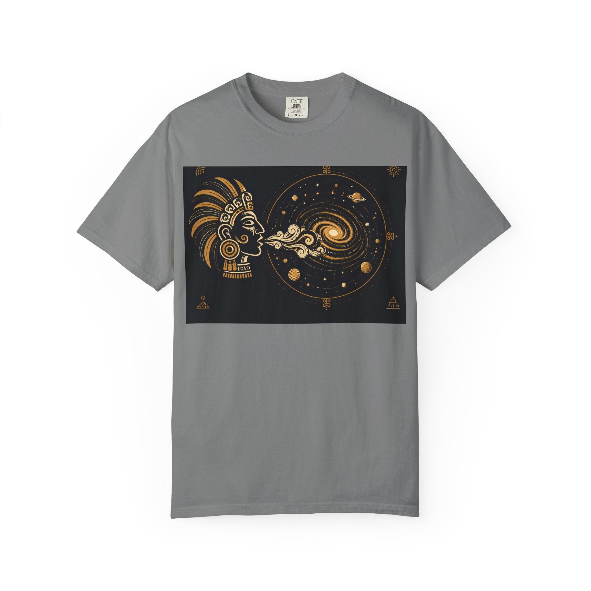 Cosmic Aztec Breath T-Shirt — Golden Galaxy Illustration