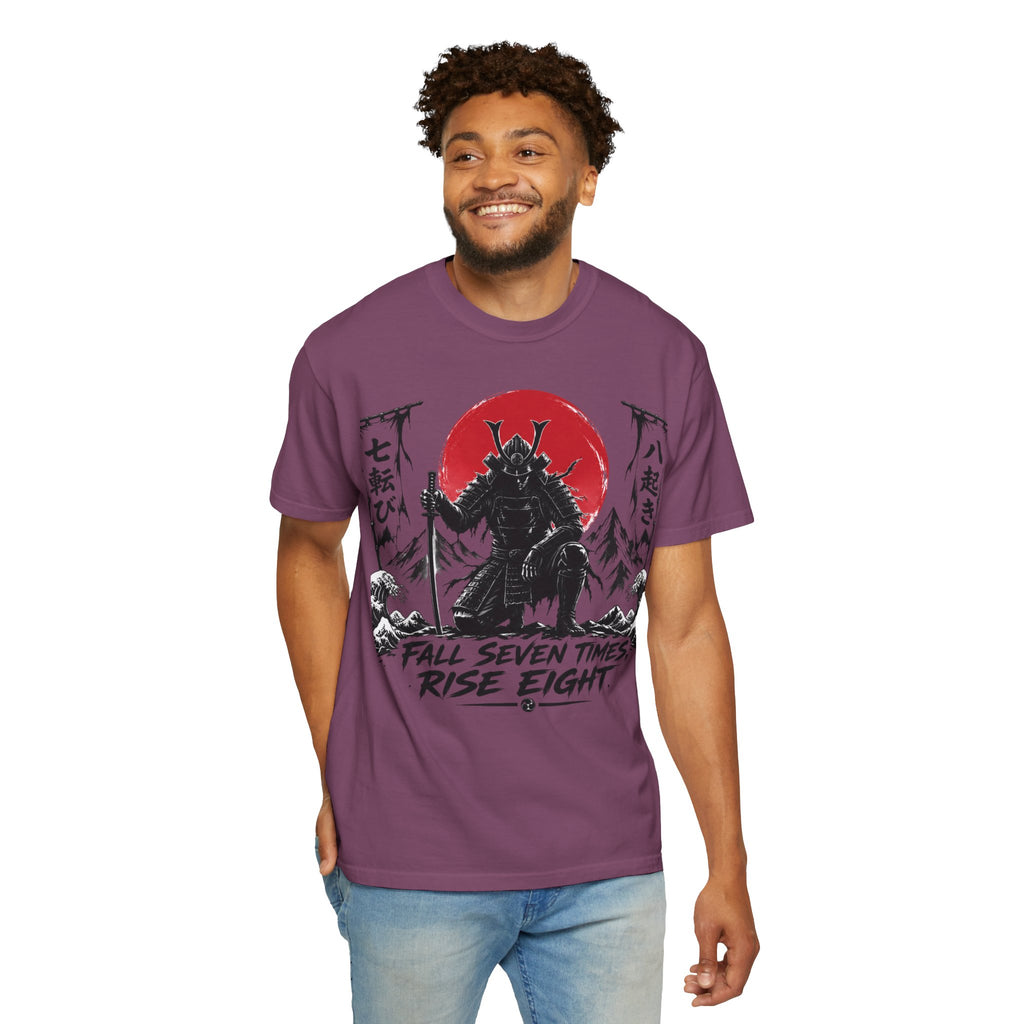Samurai with Red Sun "Fall Seven Times Rise Eight" T-shirt | Japanese Warrior Tee