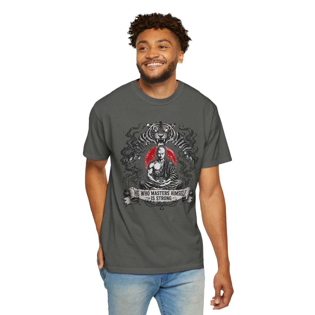Meditation Tiger T-Shirt — "He Who Masters Himself is Strong" Zen Graphic Tee