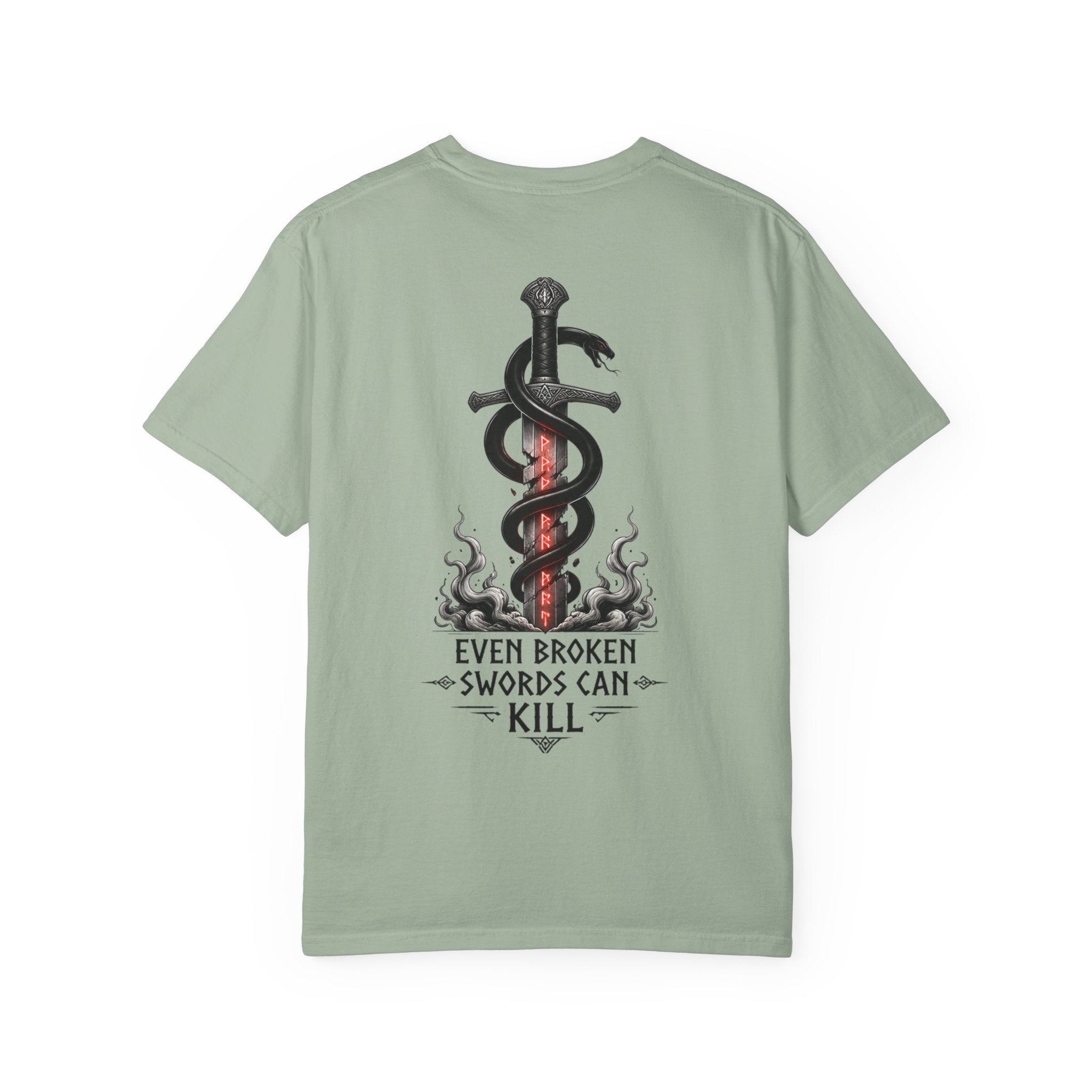 Graphic T-Shirt — 'Even Broken Swords Can Kill' Snake & Sword Back Print