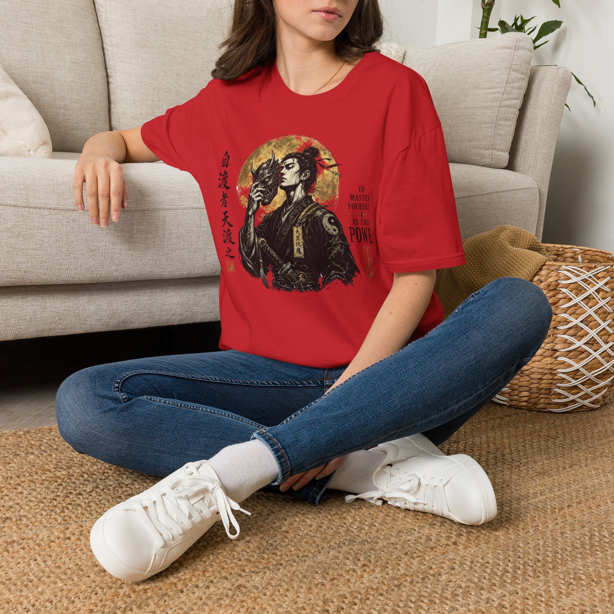 Samurai Mask Graphic T-Shirt — Japanese Warrior Moon Illustration