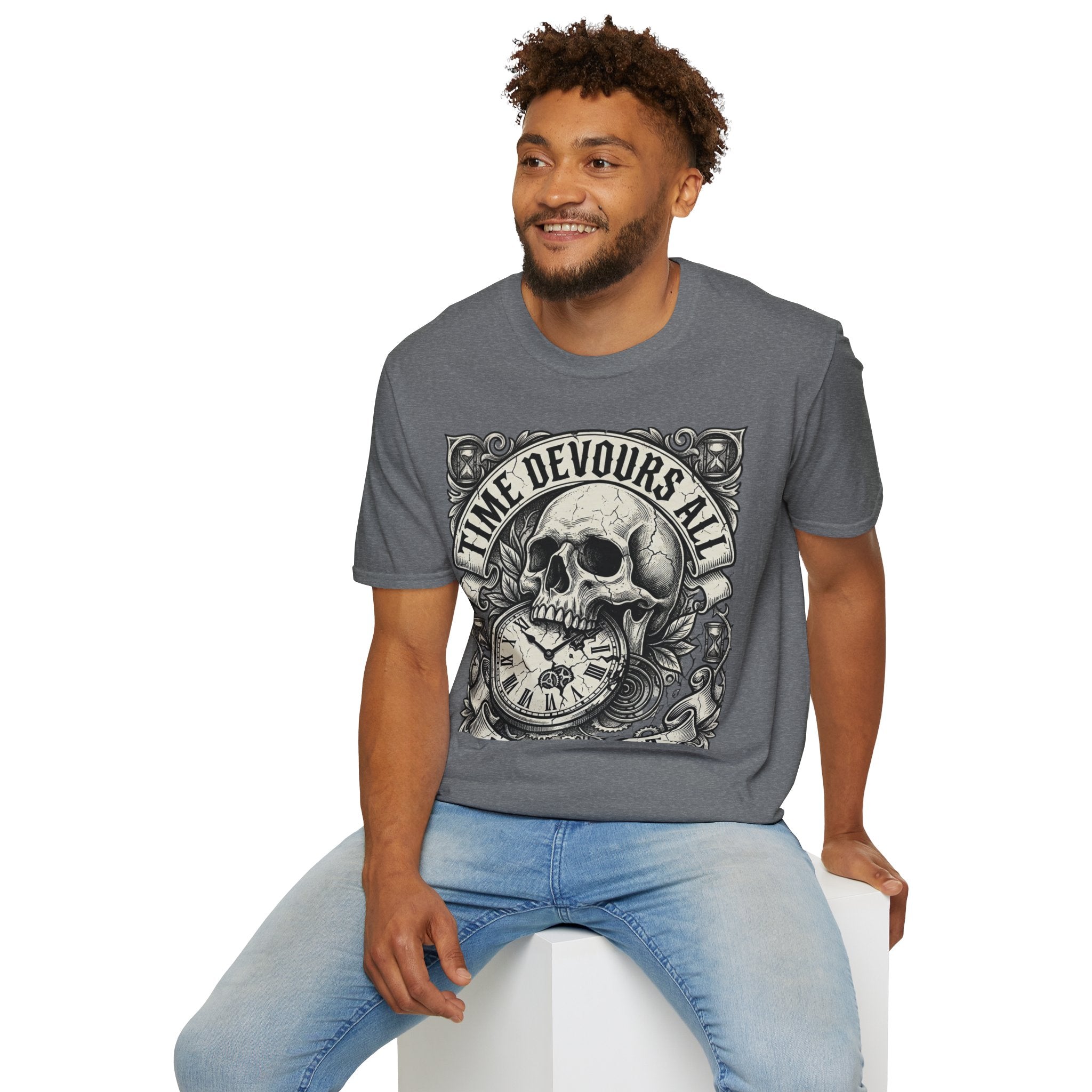 Time Devours All Skull T-Shirt – Vintage Gothic Skull & Pocket Watch Tee