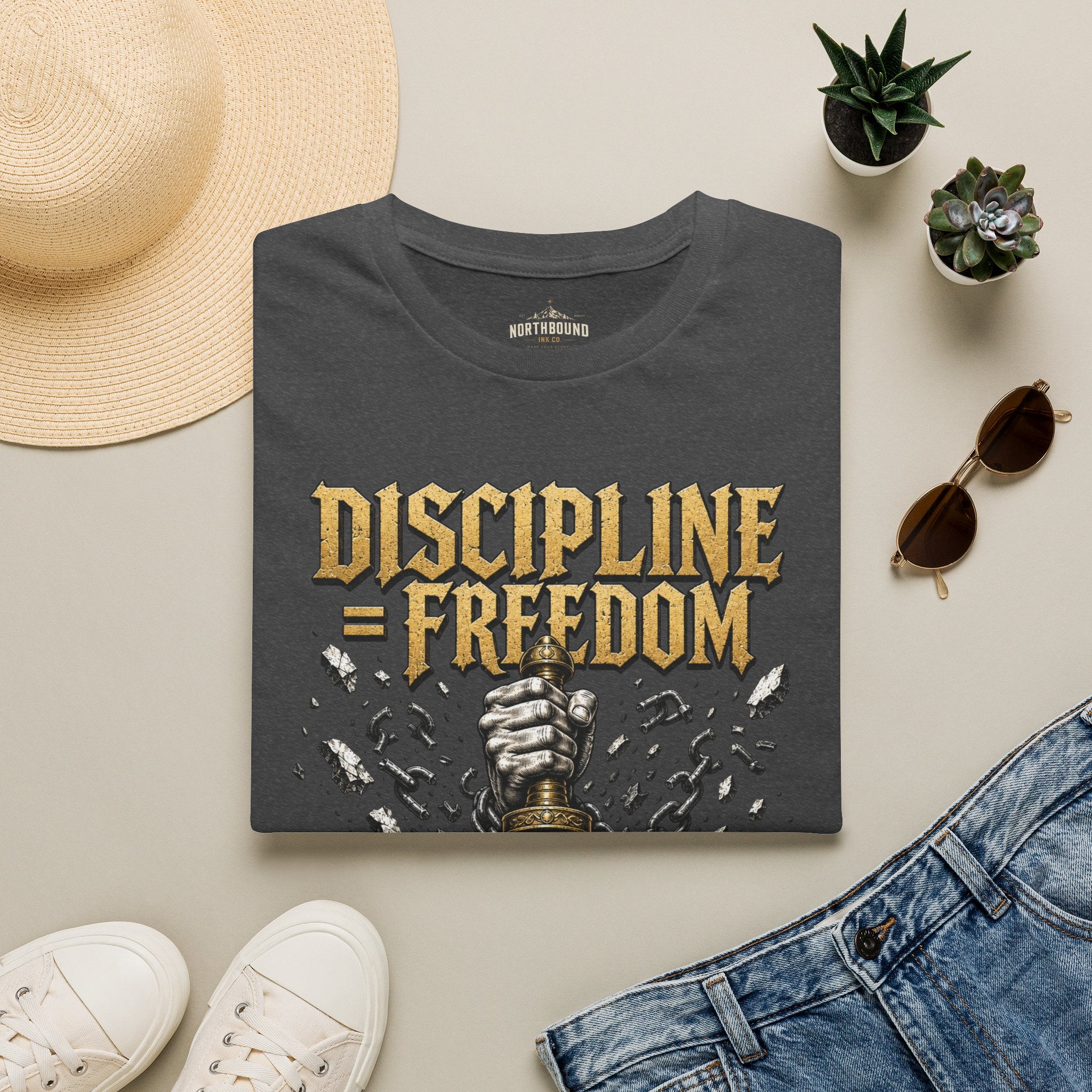 Discipline = Freedom T-Shirt — Motivational Sword & Fist Design