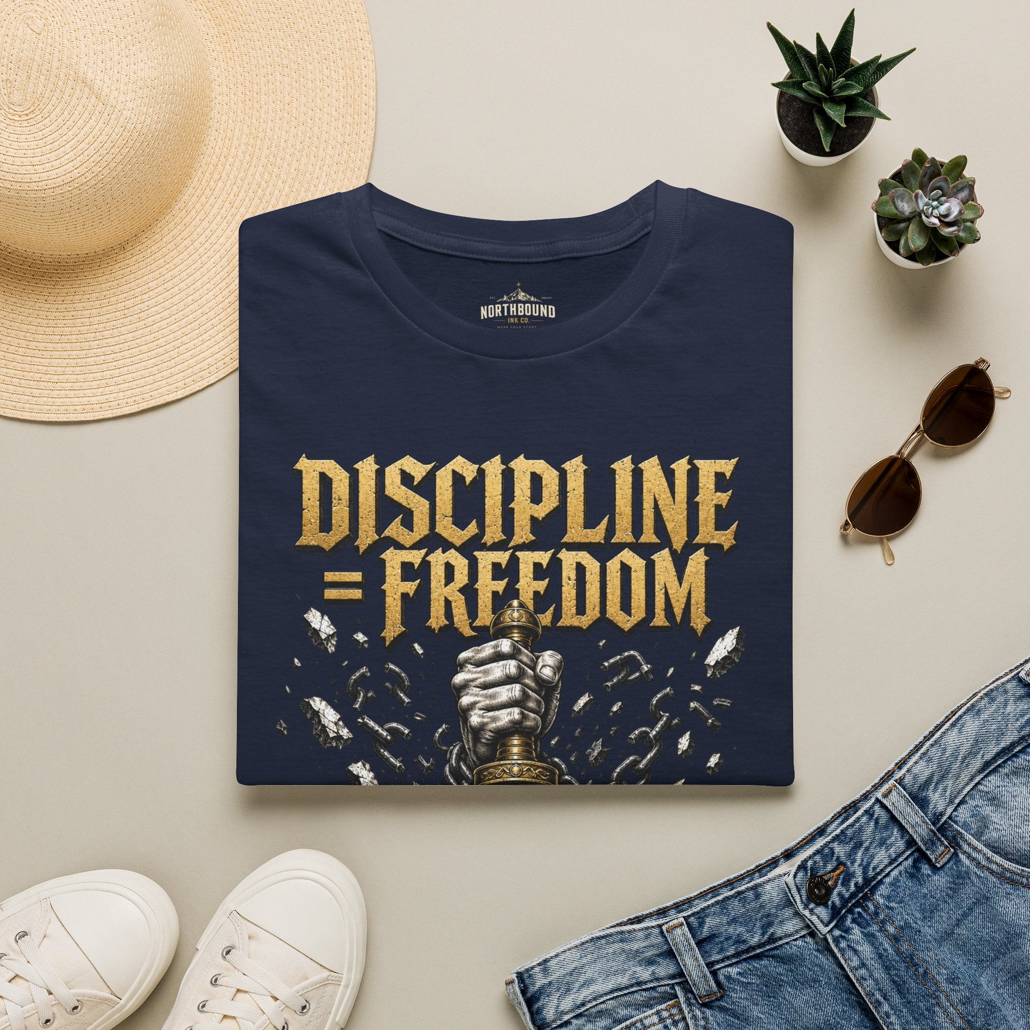 Discipline = Freedom T-Shirt — Motivational Sword & Fist Design