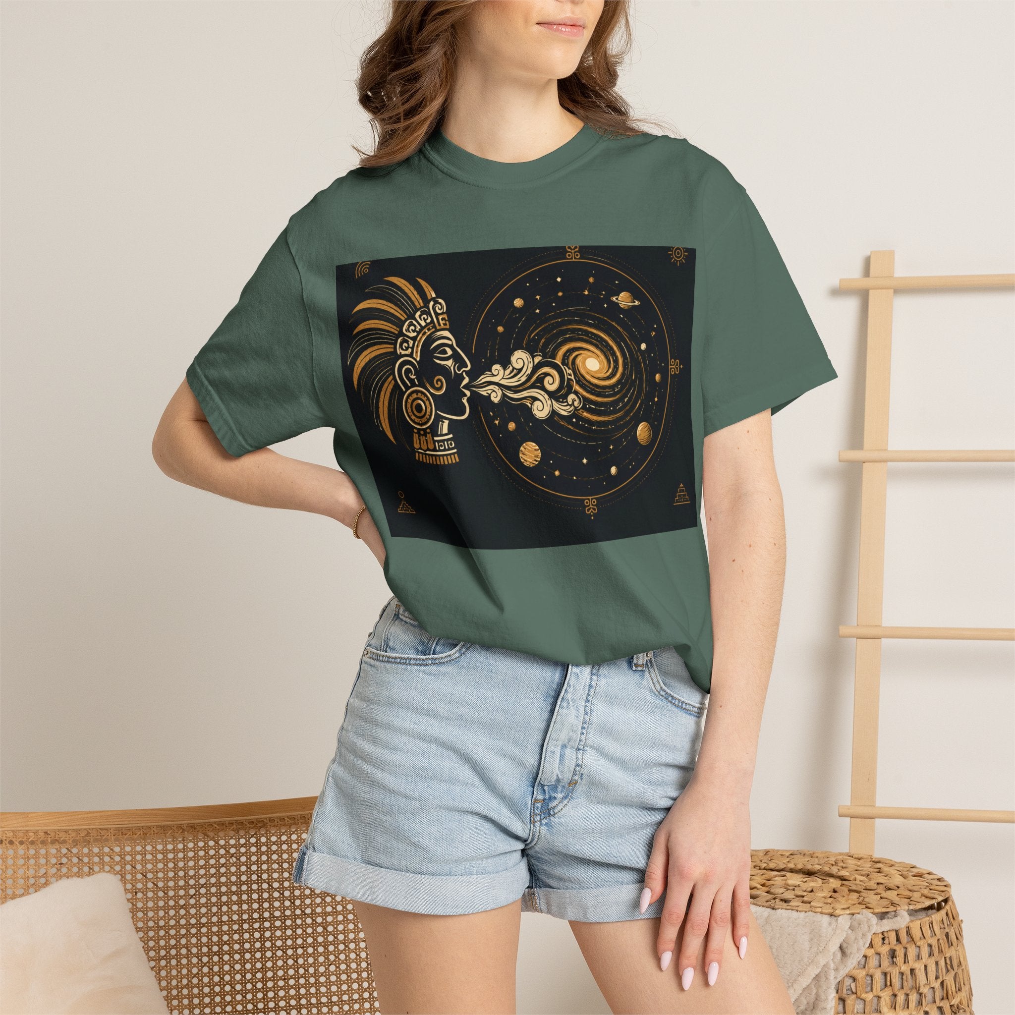 Cosmic Aztec Breath T-Shirt — Golden Galaxy Illustration