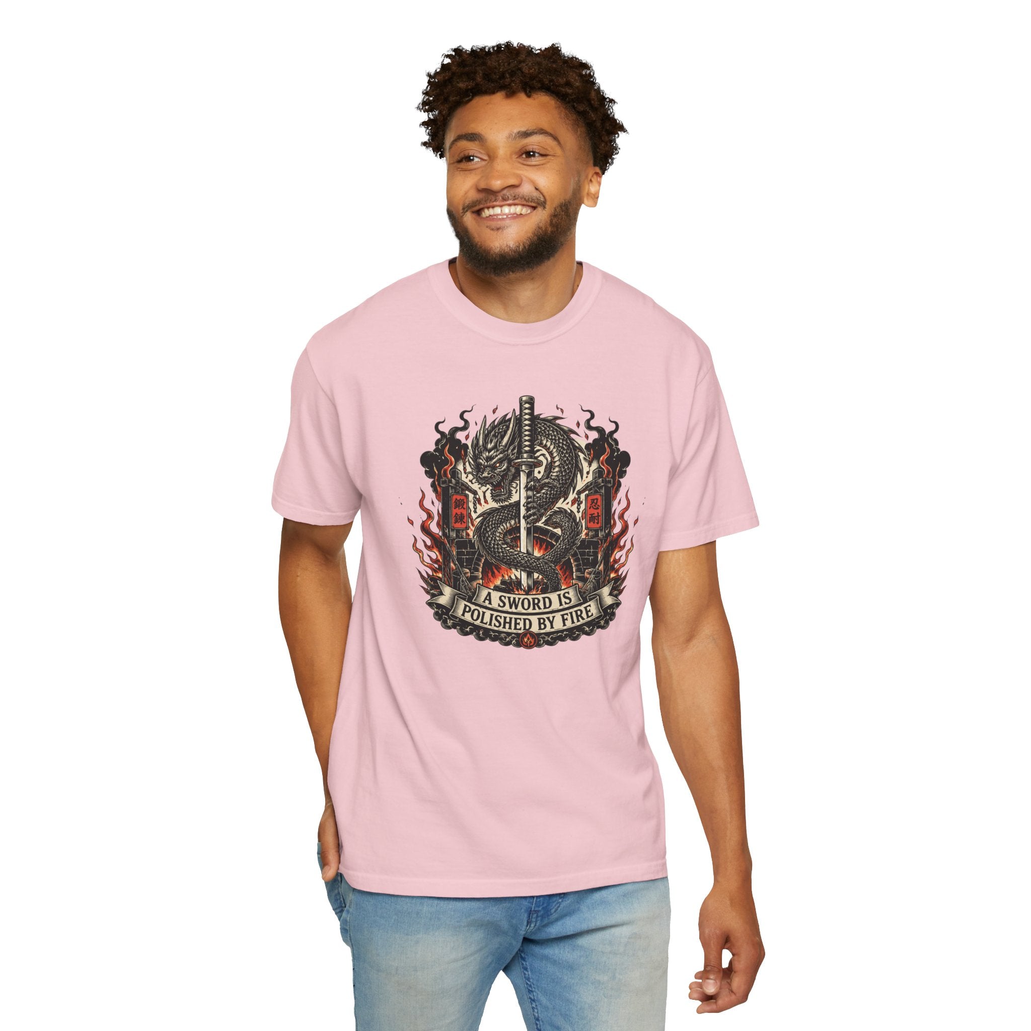 Sword & Flame Graphic T-Shirt — "A Sword Is Polished By Fire"