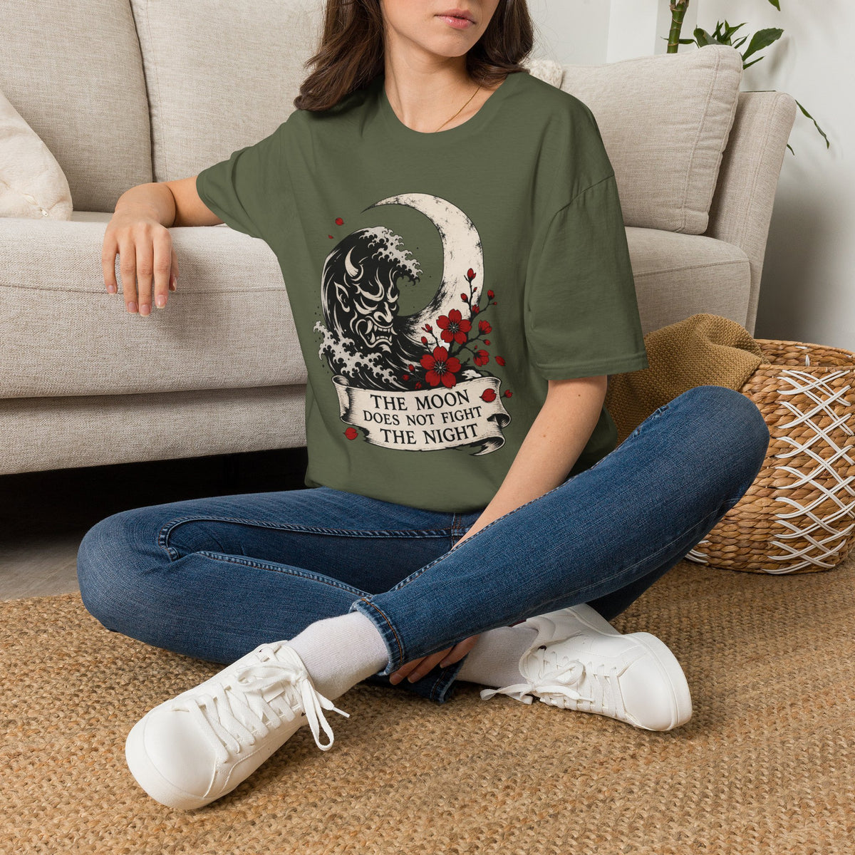 Moon & Wave Graphic T-Shirt — "The Moon Does Not Fight The Night"