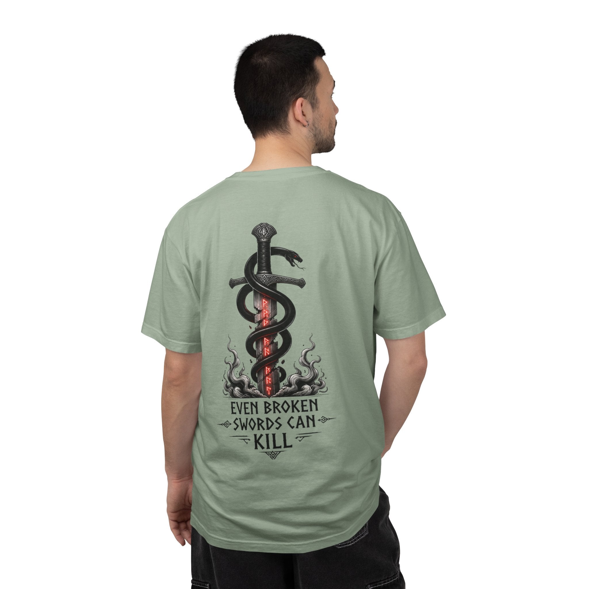 Graphic T-Shirt — 'Even Broken Swords Can Kill' Snake & Sword Back Print