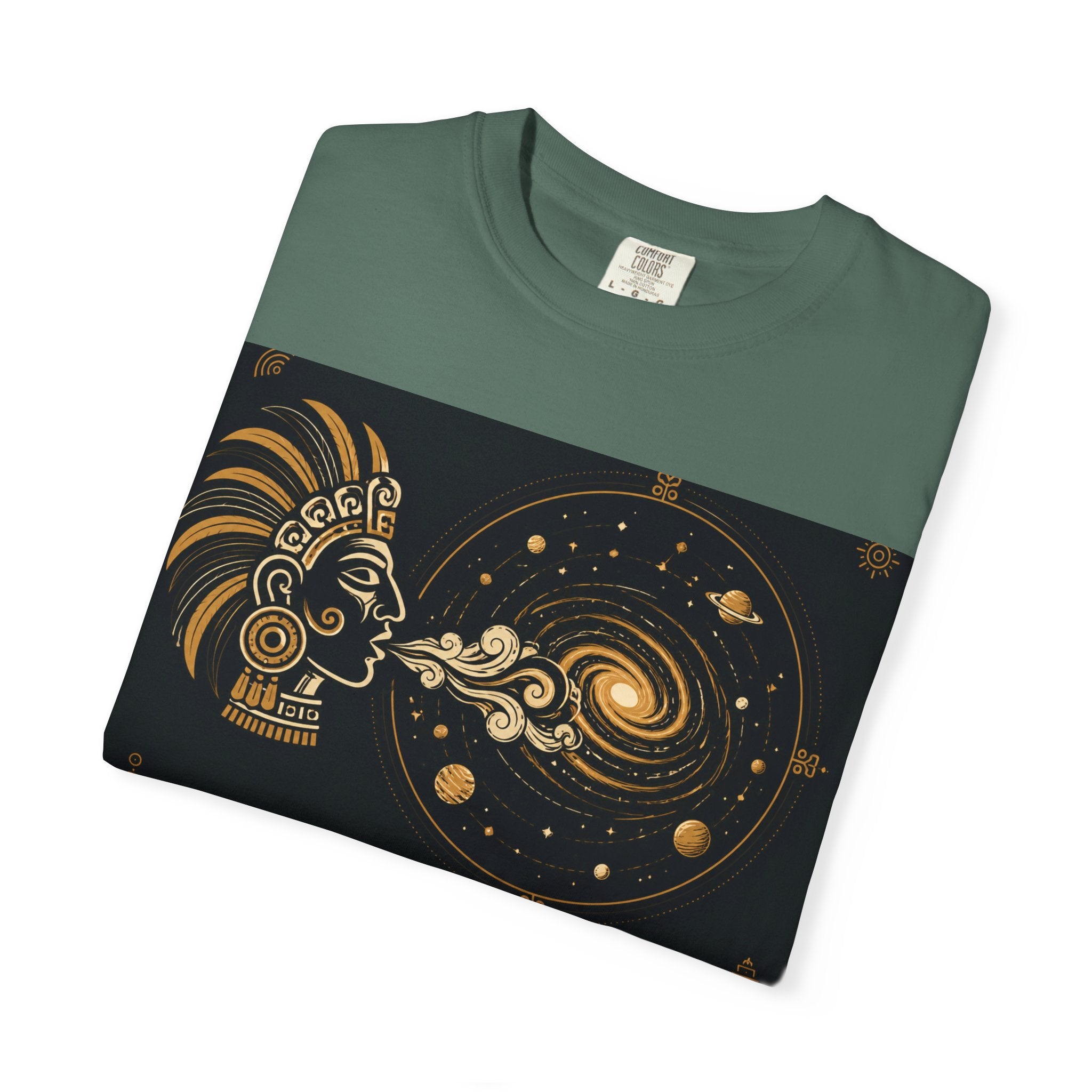 Cosmic Aztec Breath T-Shirt — Golden Galaxy Illustration