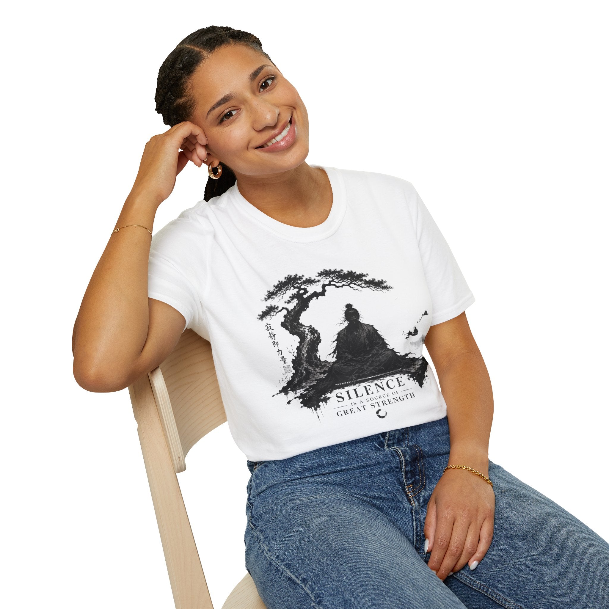 Meditation Zen T-Shirt — 'Silence Is Great Strength' Minimal Bonsai Buddha Tee