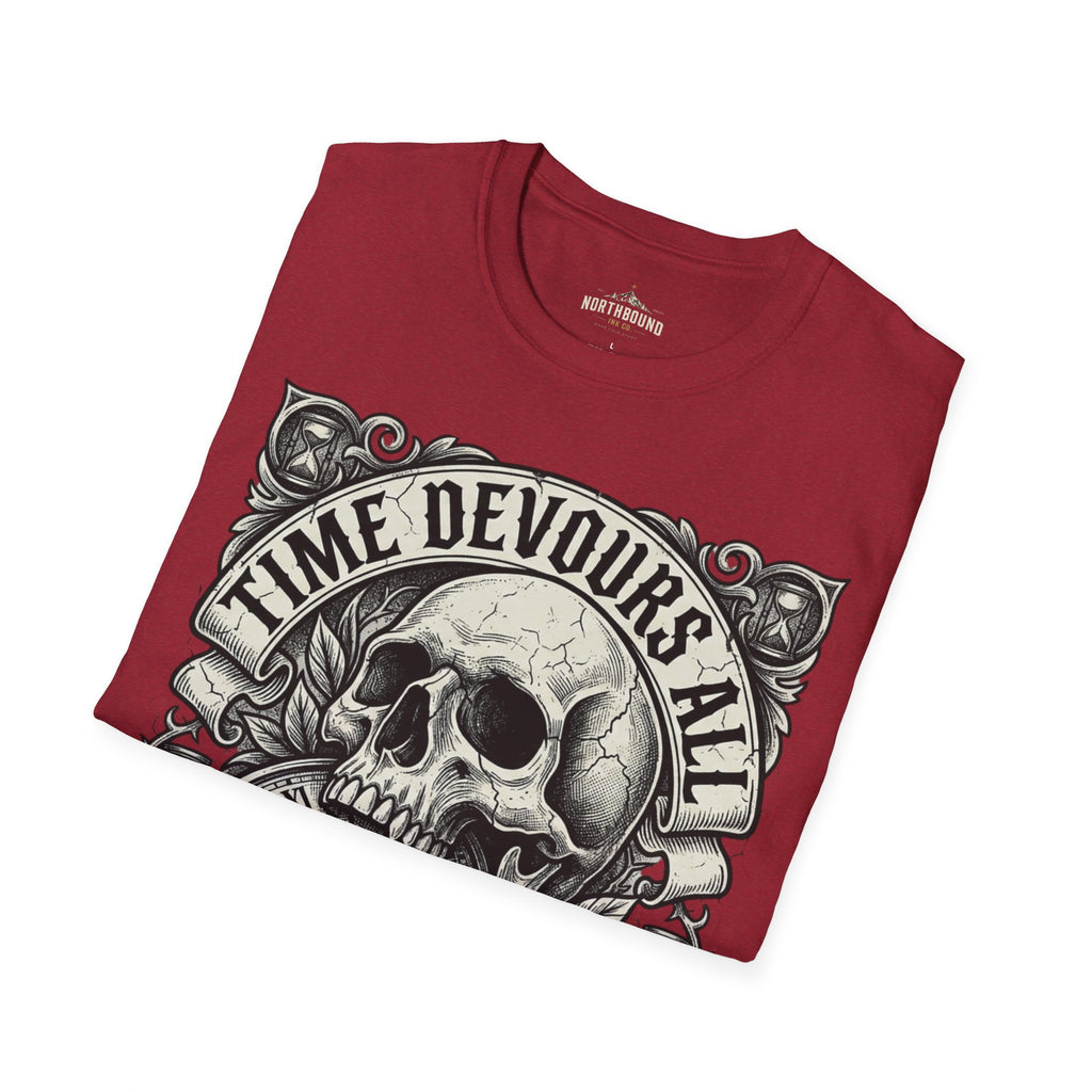 Time Devours All Skull T-Shirt – Vintage Gothic Skull & Pocket Watch Tee