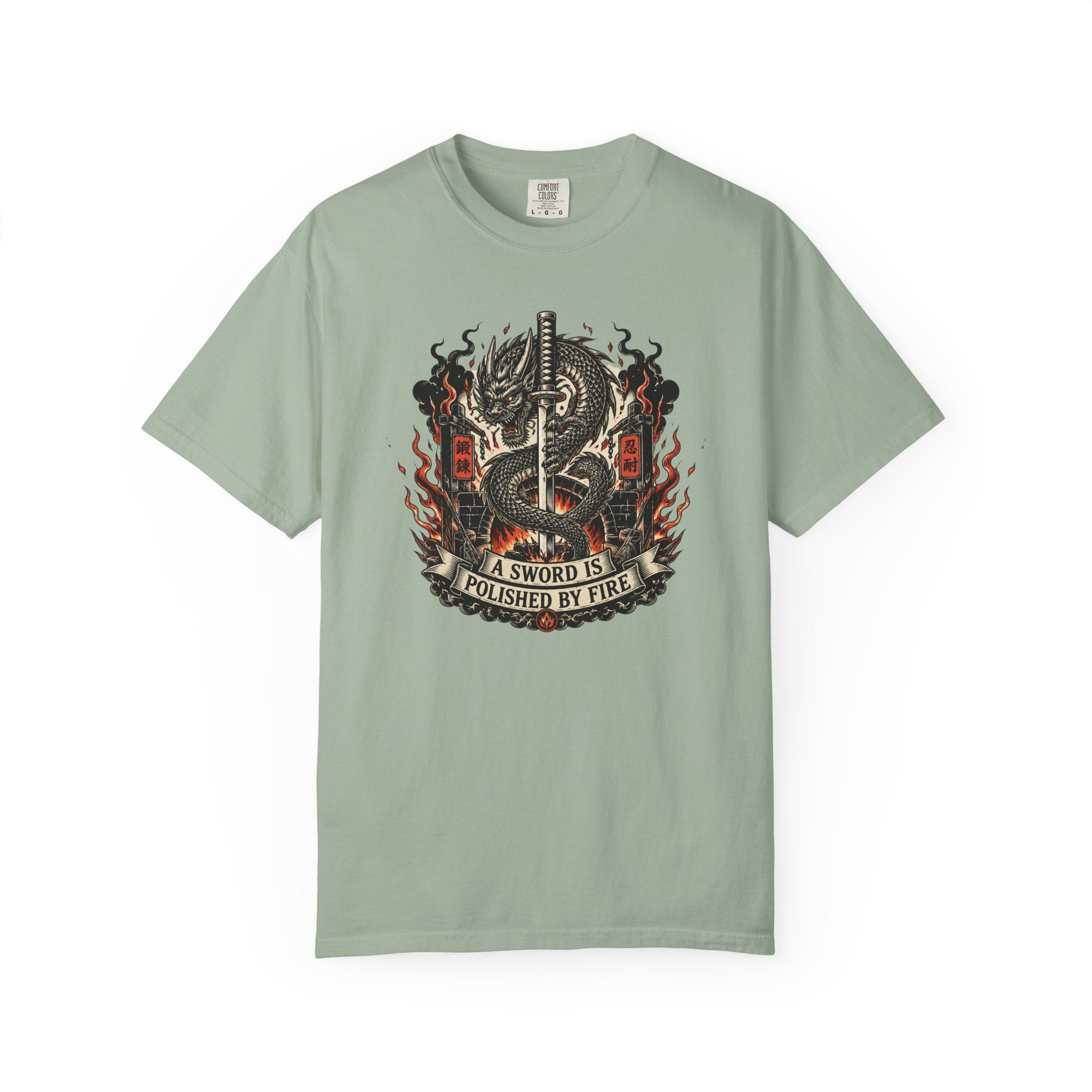 Sword & Flame Graphic T-Shirt — "A Sword Is Polished By Fire"