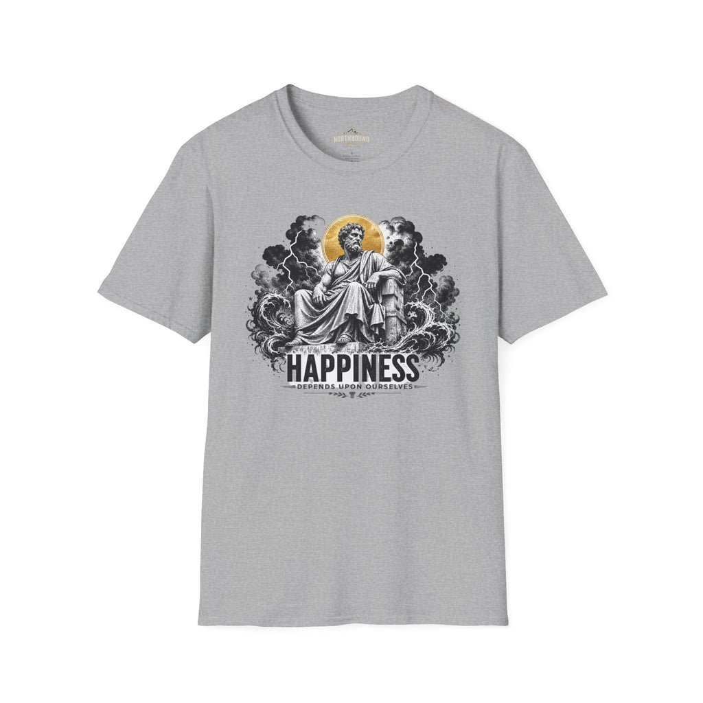 T-Shirt — 'HAPPINESS' Vintage Saint Illustration Tee (Gold Halo)