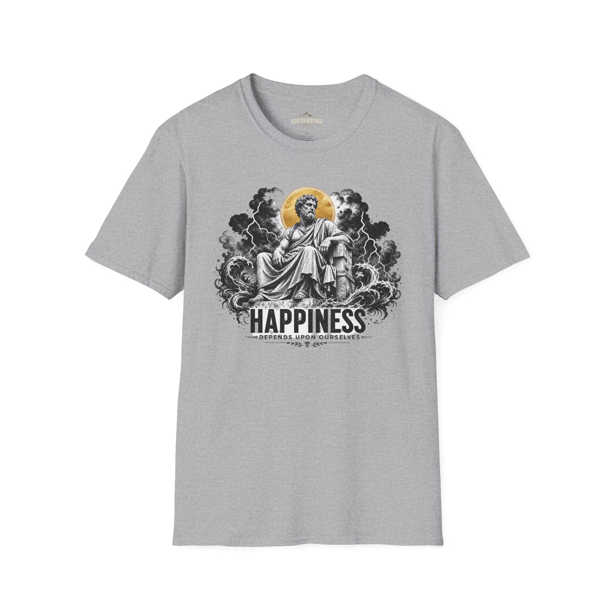 T-Shirt — 'HAPPINESS' Vintage Saint Illustration Tee (Gold Halo)