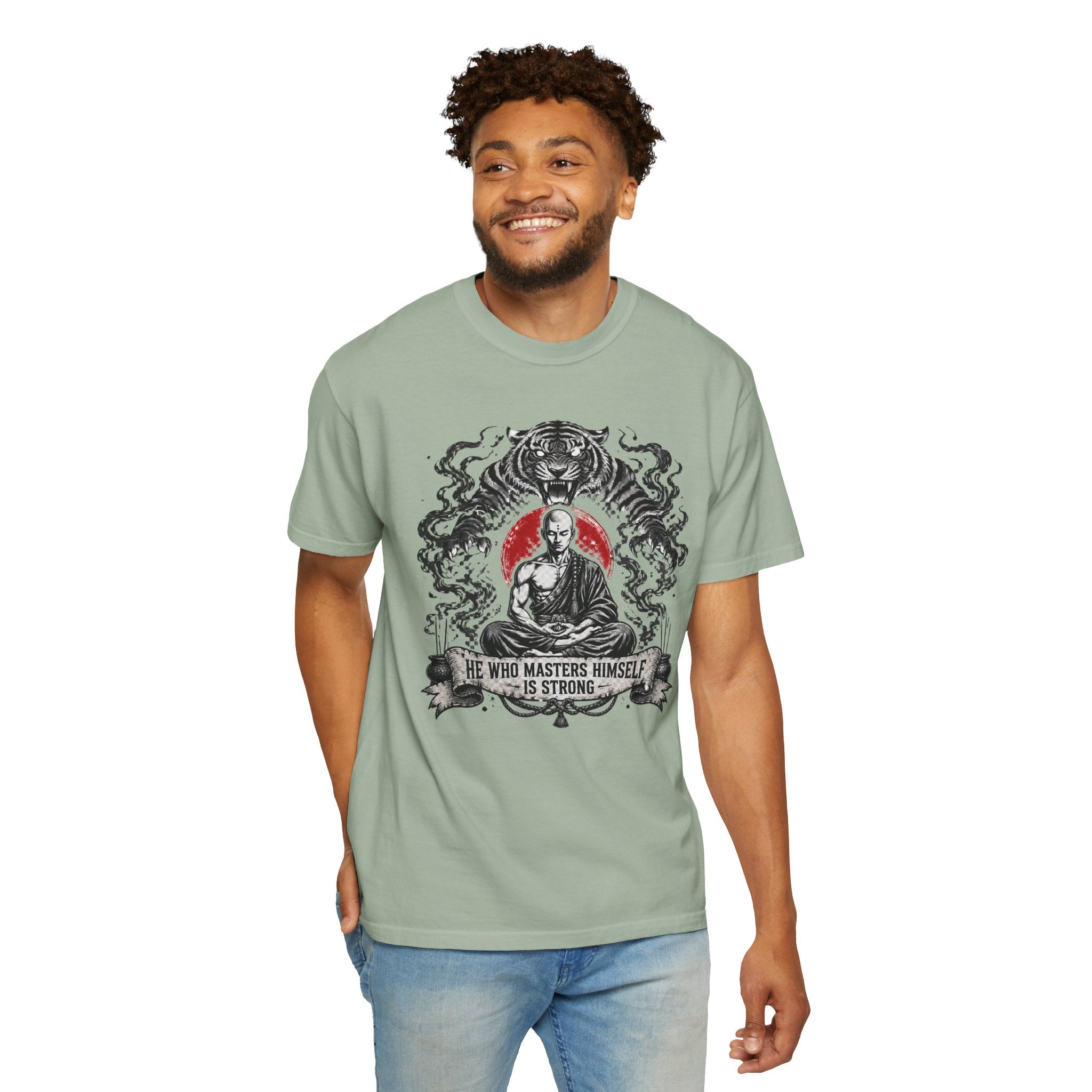 Meditation Tiger T-Shirt — "He Who Masters Himself is Strong" Zen Graphic Tee
