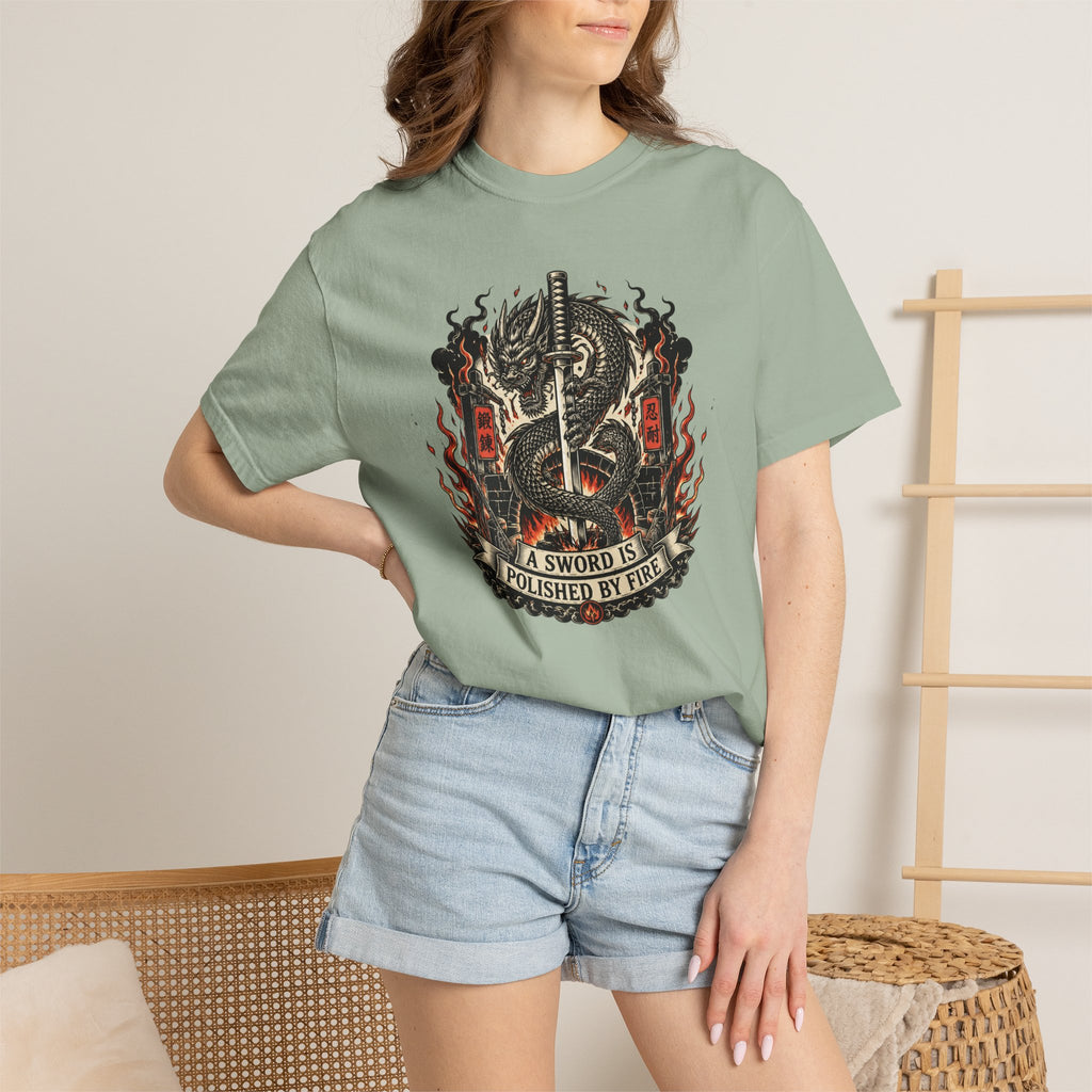 Sword & Flame Graphic T-Shirt — "A Sword Is Polished By Fire"