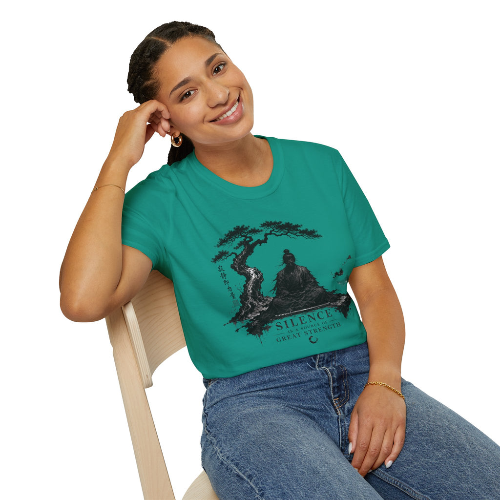 Meditation Zen T-Shirt — 'Silence Is Great Strength' Minimal Bonsai Buddha Tee