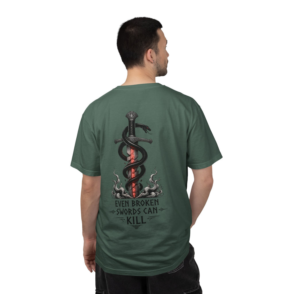 Graphic T-Shirt — 'Even Broken Swords Can Kill' Snake & Sword Back Print