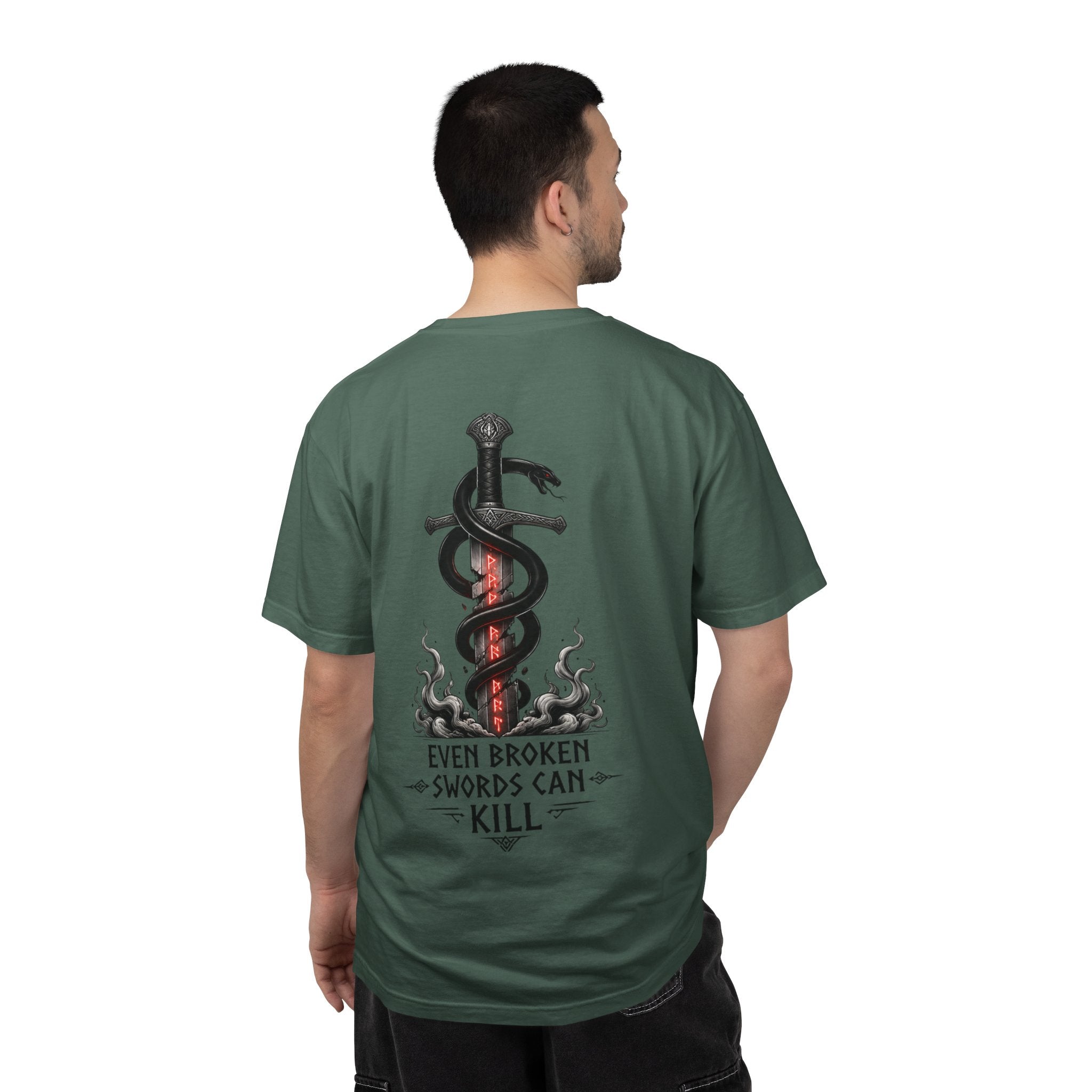Graphic T-Shirt — 'Even Broken Swords Can Kill' Snake & Sword Back Print