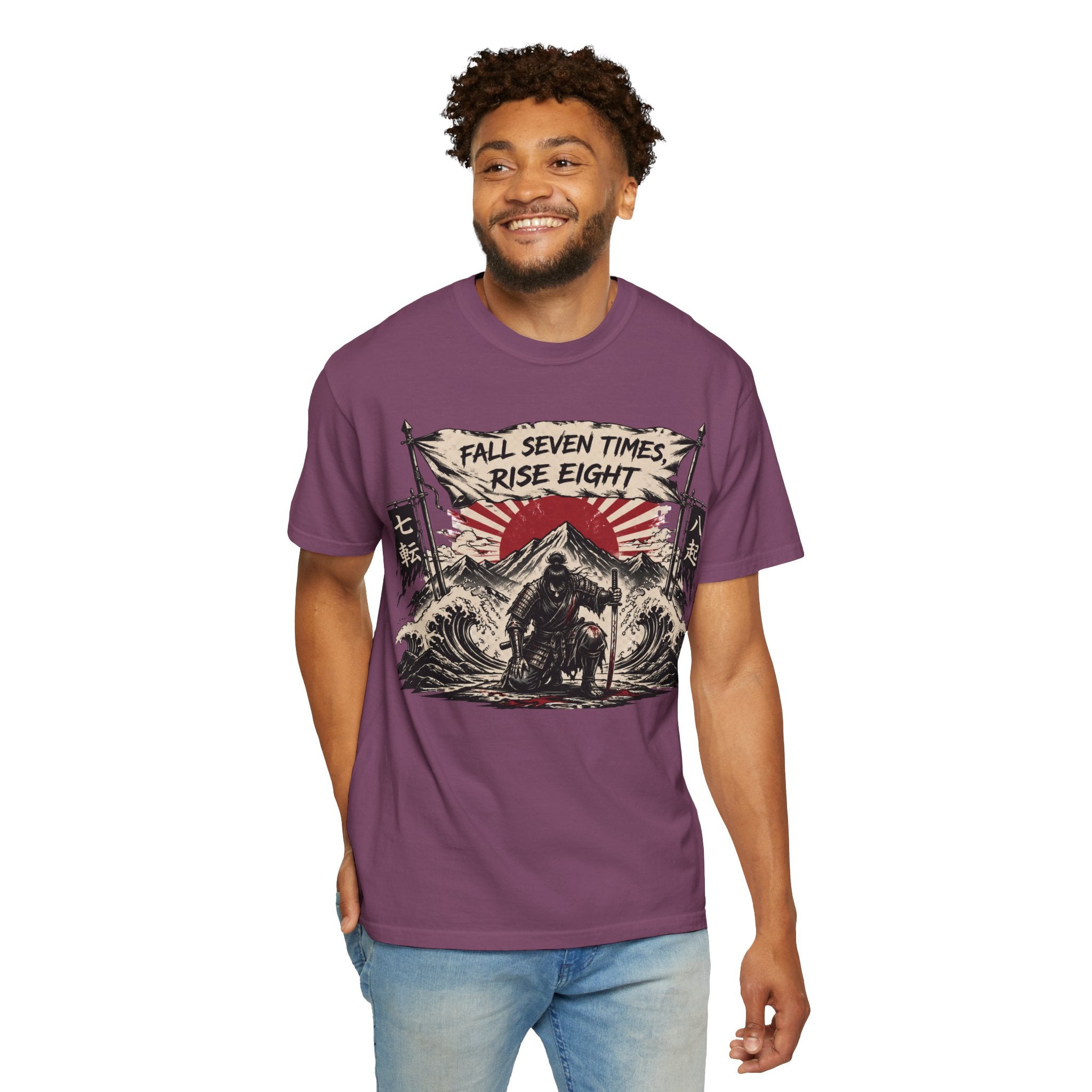 T-Shirt — "Fall Seven Times, Rise Eight" Samurai Graphic Tee