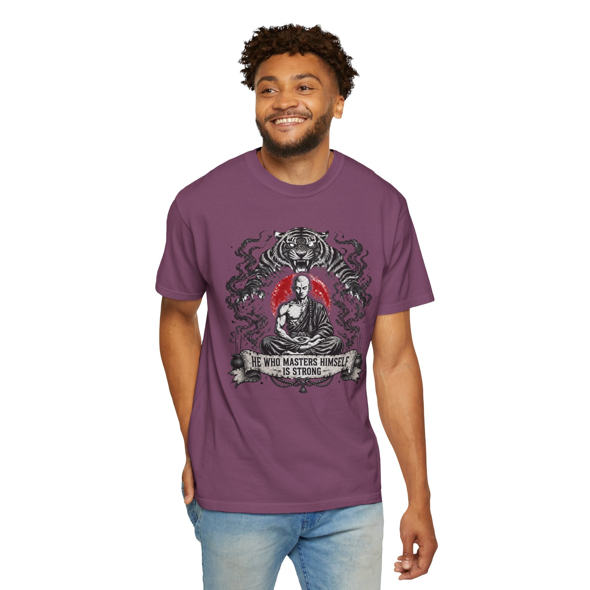 Meditation Tiger T-Shirt — "He Who Masters Himself is Strong" Zen Graphic Tee