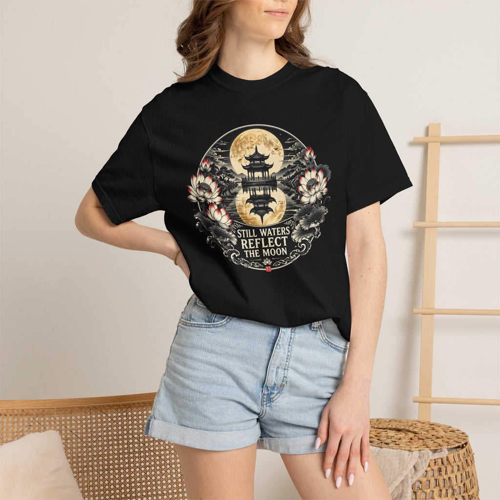 Still Waters Reflect the Moon T-Shirt — Zen Pagoda Moon Graphic Tee