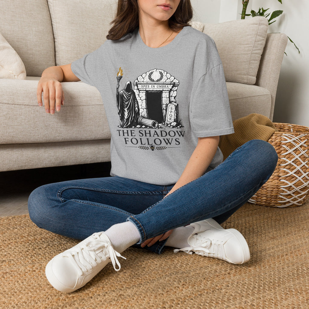 Gothic 'The Shadow Follows' T-Shirt — Cloaked Figure & Tombstone Design