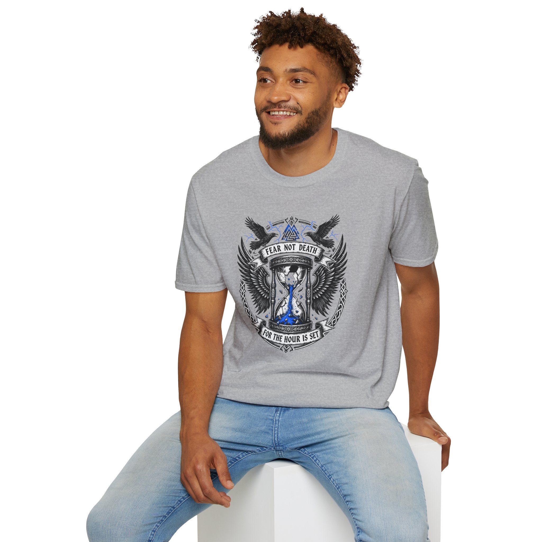 Fear Not Death T‑Shirt — Viking Hourglass Shield Design
