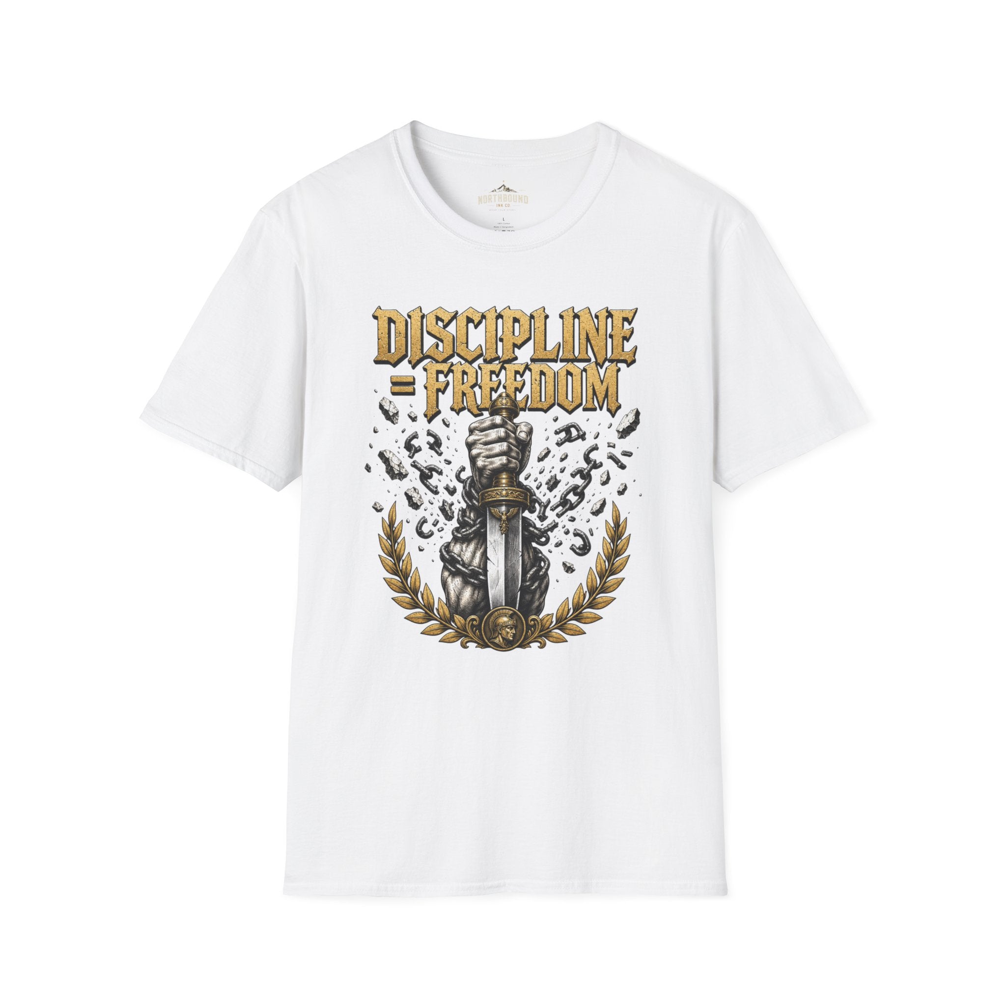 Discipline = Freedom T-Shirt — Motivational Sword & Fist Design