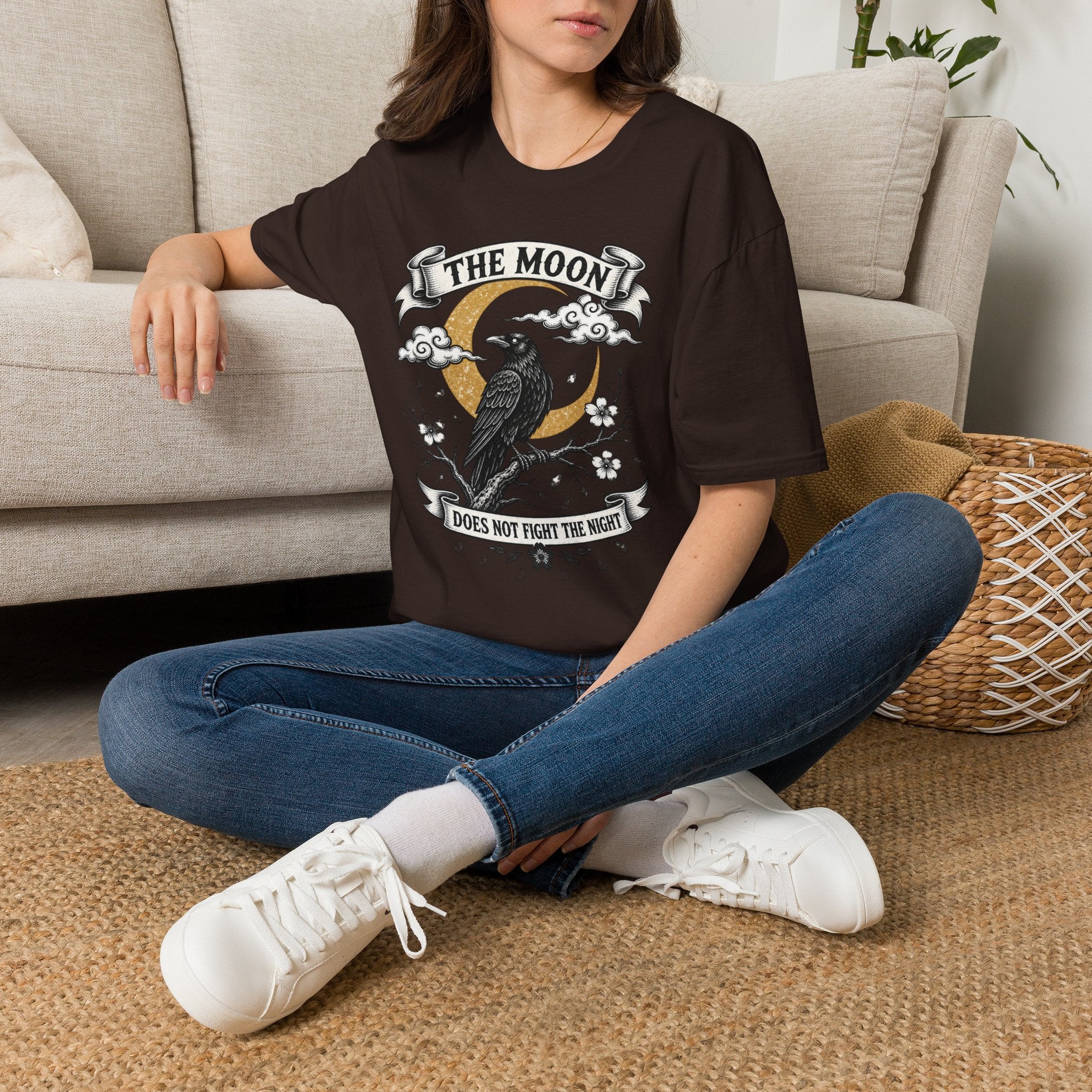Moon & Raven T-Shirt — "The Moon Does Not Fight The Moon" Gothic Celestial Tee