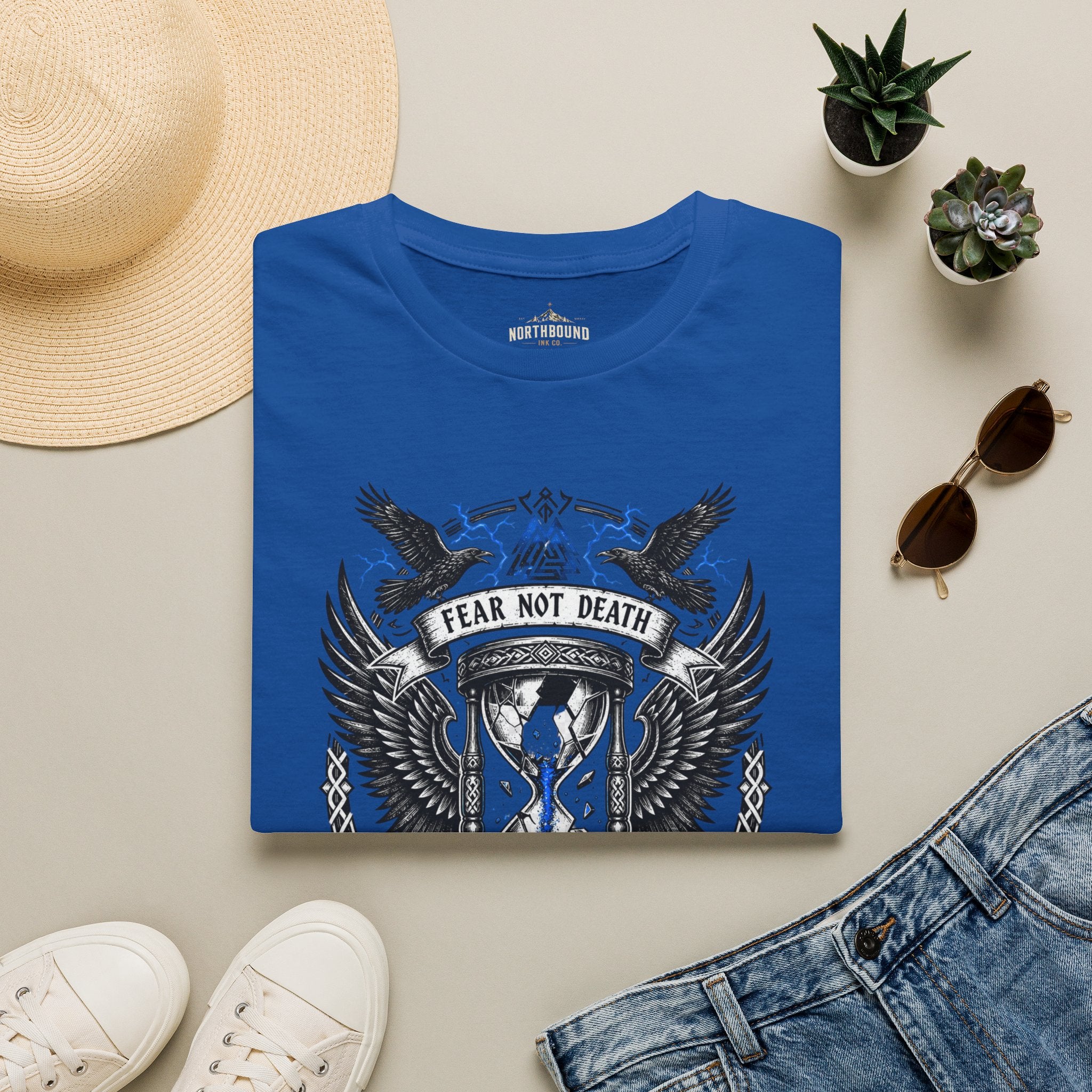 Fear Not Death T‑Shirt — Viking Hourglass Shield Design