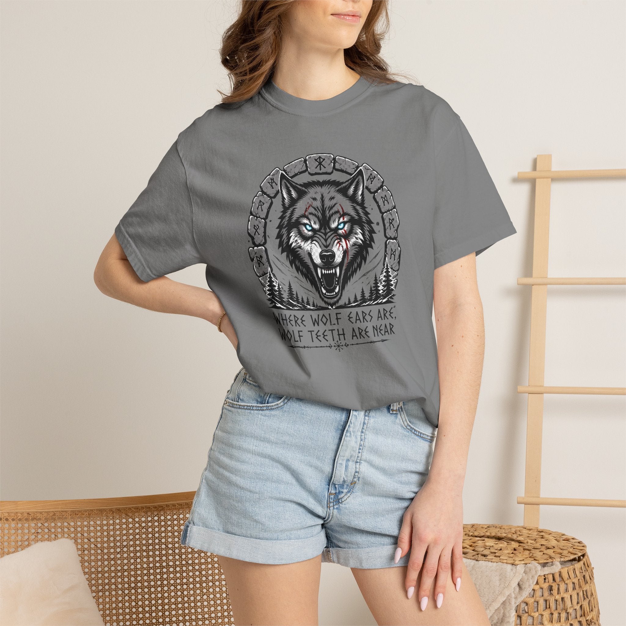 Wolf Head T-Shirt — "Where Wolf Ears Are, Wolf Teeth Are Near" Graphic Tee
