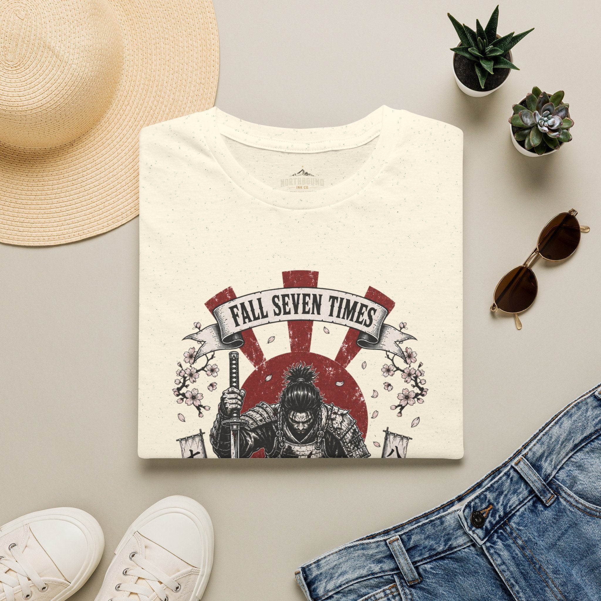 T-Shirt — “Fall Seven Times, Rise Eight” Samurai Graphic Tee
