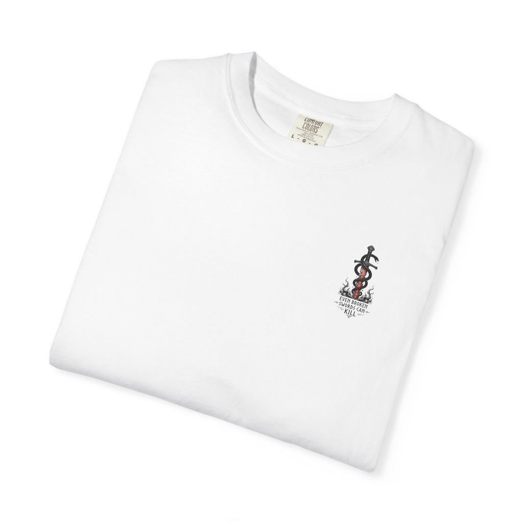 Graphic T-Shirt — 'Even Broken Swords Can Kill' Snake & Sword Back Print