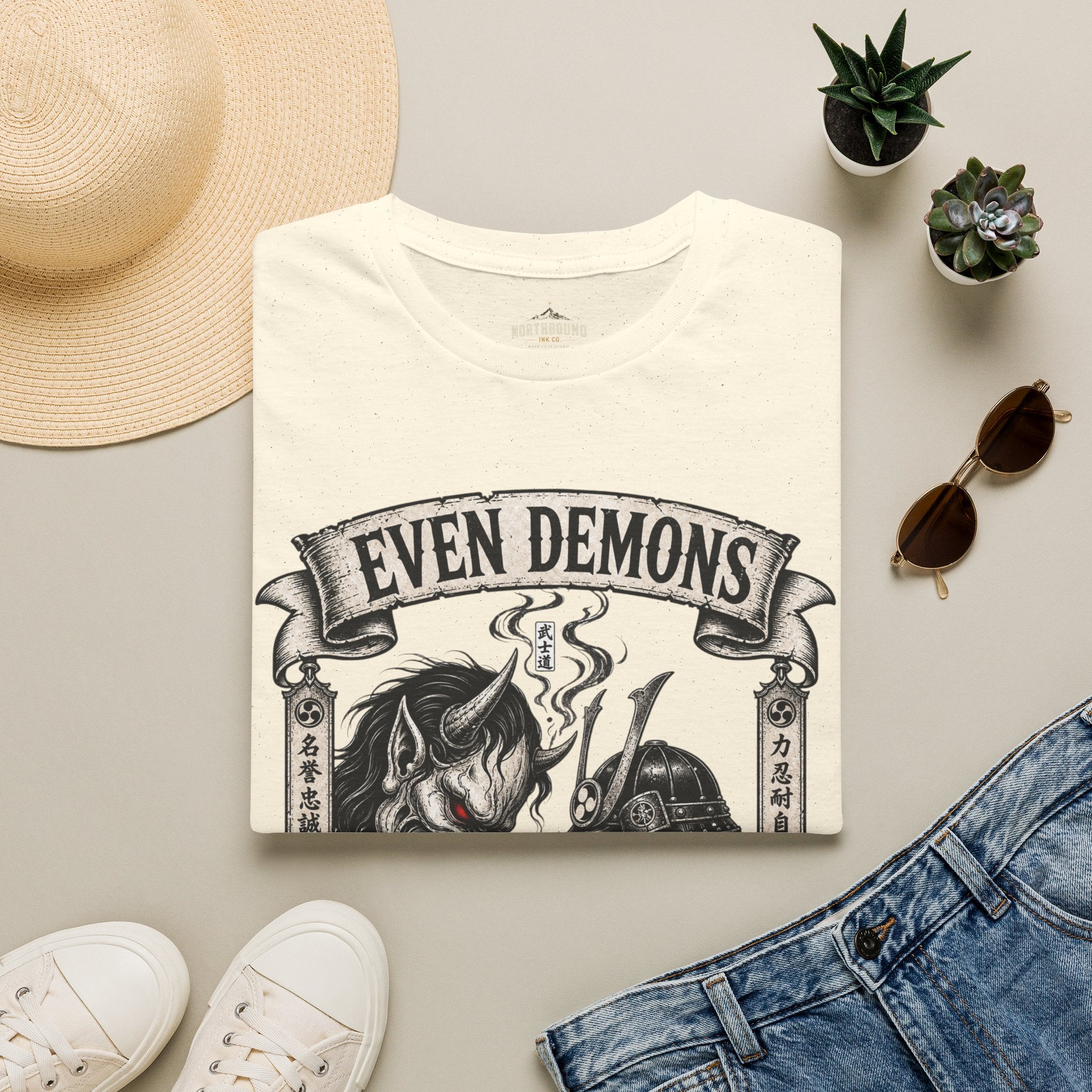 Even Demons T-Shirt — Gothic Samurai Cat Graphic Tee