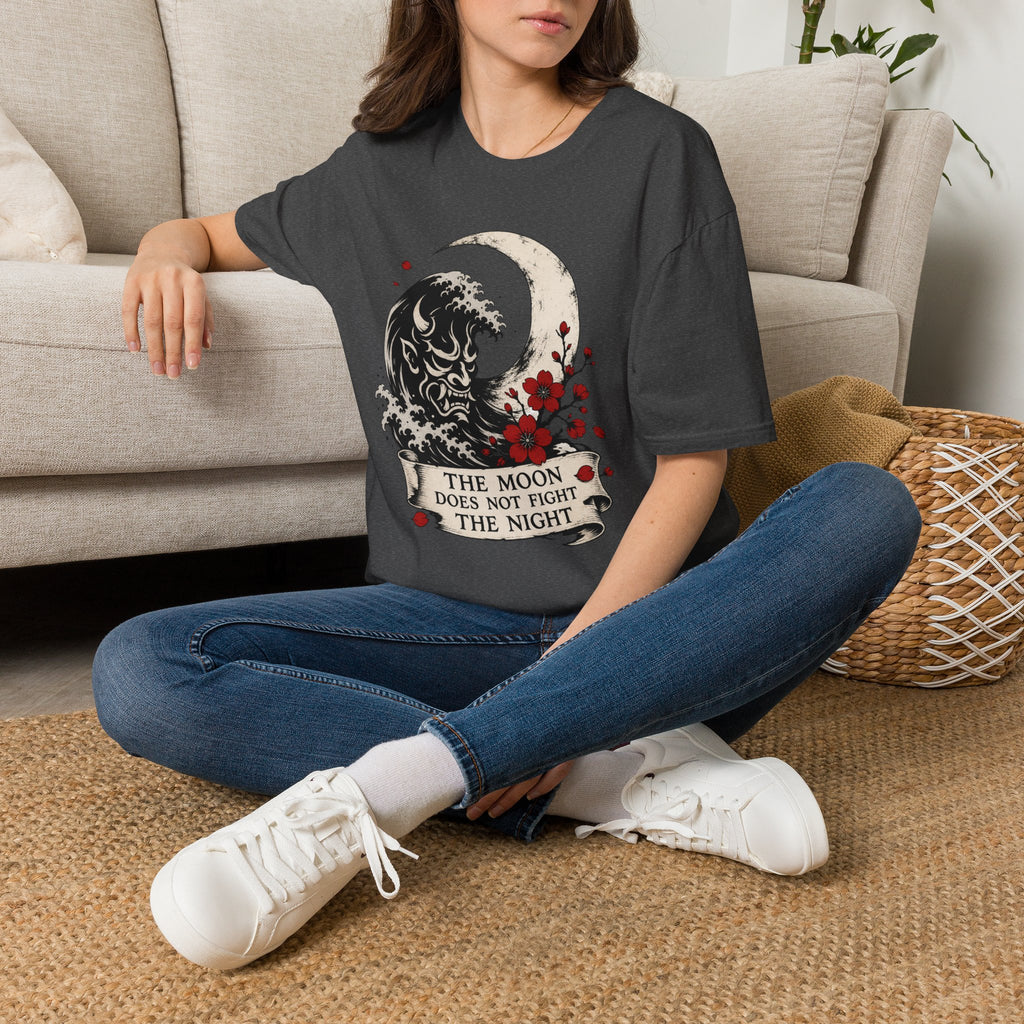 Moon & Wave Graphic T-Shirt — "The Moon Does Not Fight The Night"