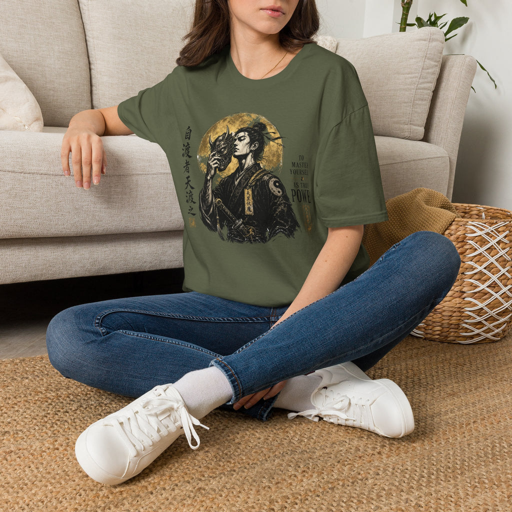 Samurai Mask Graphic T-Shirt — Japanese Warrior Moon Illustration