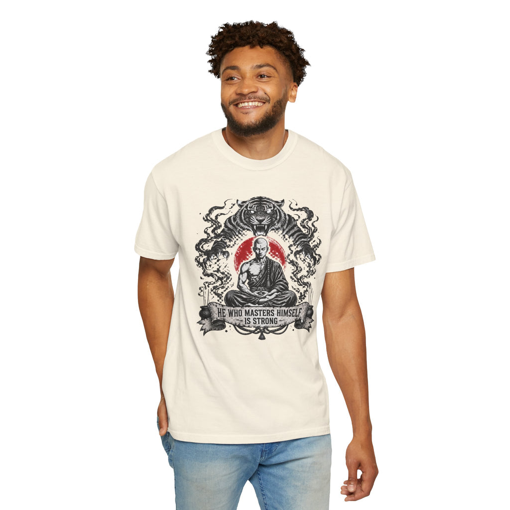 Meditation Tiger T-Shirt — "He Who Masters Himself is Strong" Zen Graphic Tee