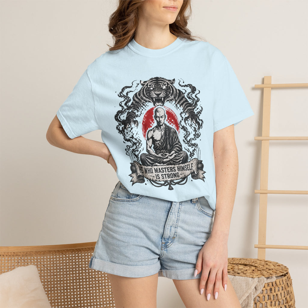 Meditation Tiger T-Shirt — "He Who Masters Himself is Strong" Zen Graphic Tee
