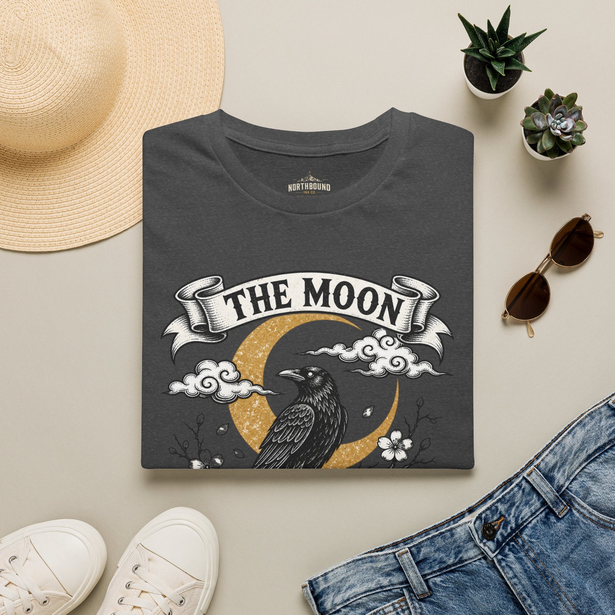 Moon & Raven T-Shirt — "The Moon Does Not Fight The Moon" Gothic Celestial Tee
