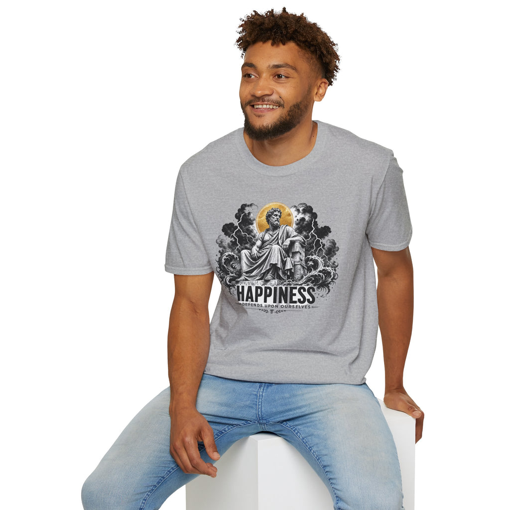 T-Shirt — 'HAPPINESS' Vintage Saint Illustration Tee (Gold Halo)