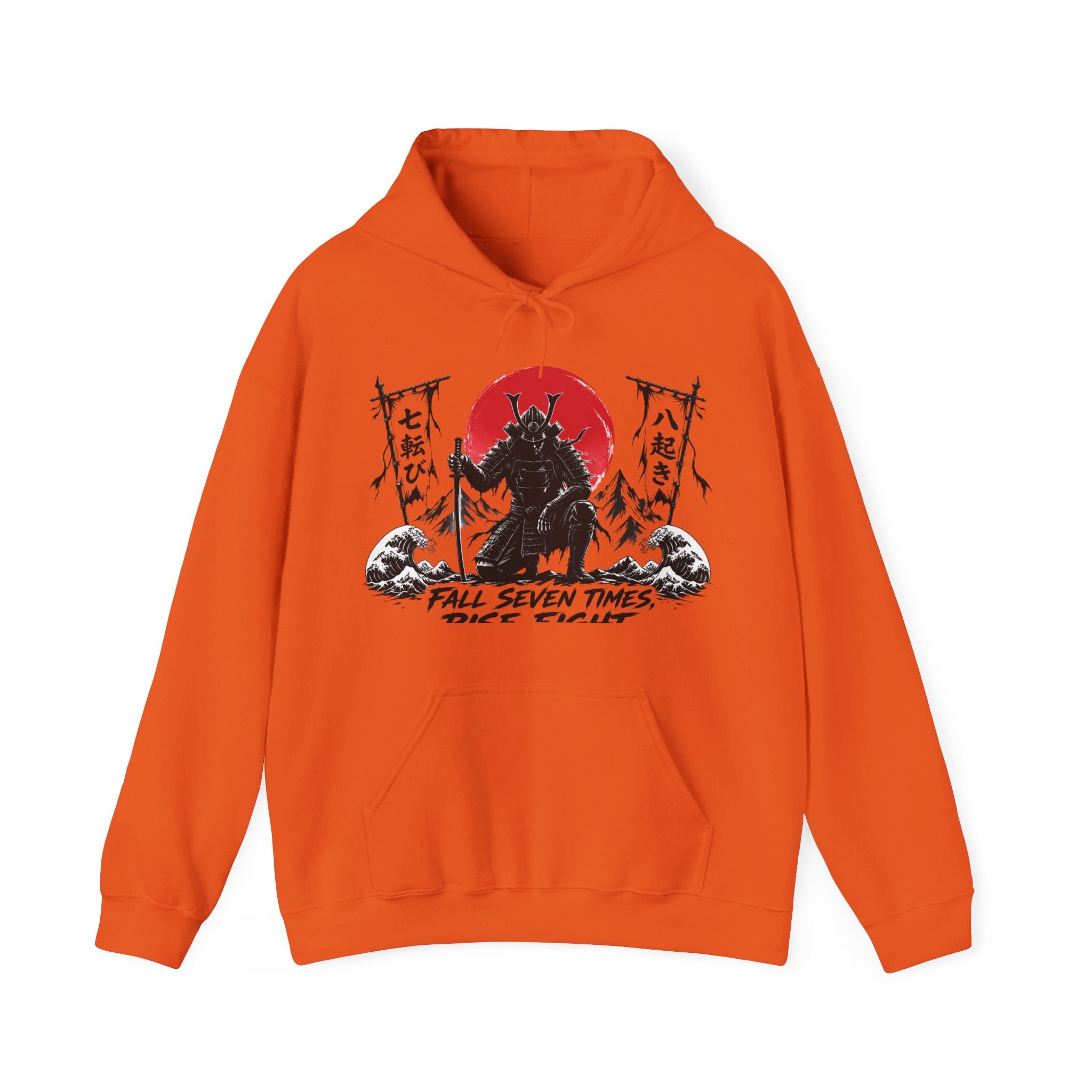 Hoodie — Samurai Wolf Graphic "Fall Seven Times, Rise Eight" Japanese Sunrise