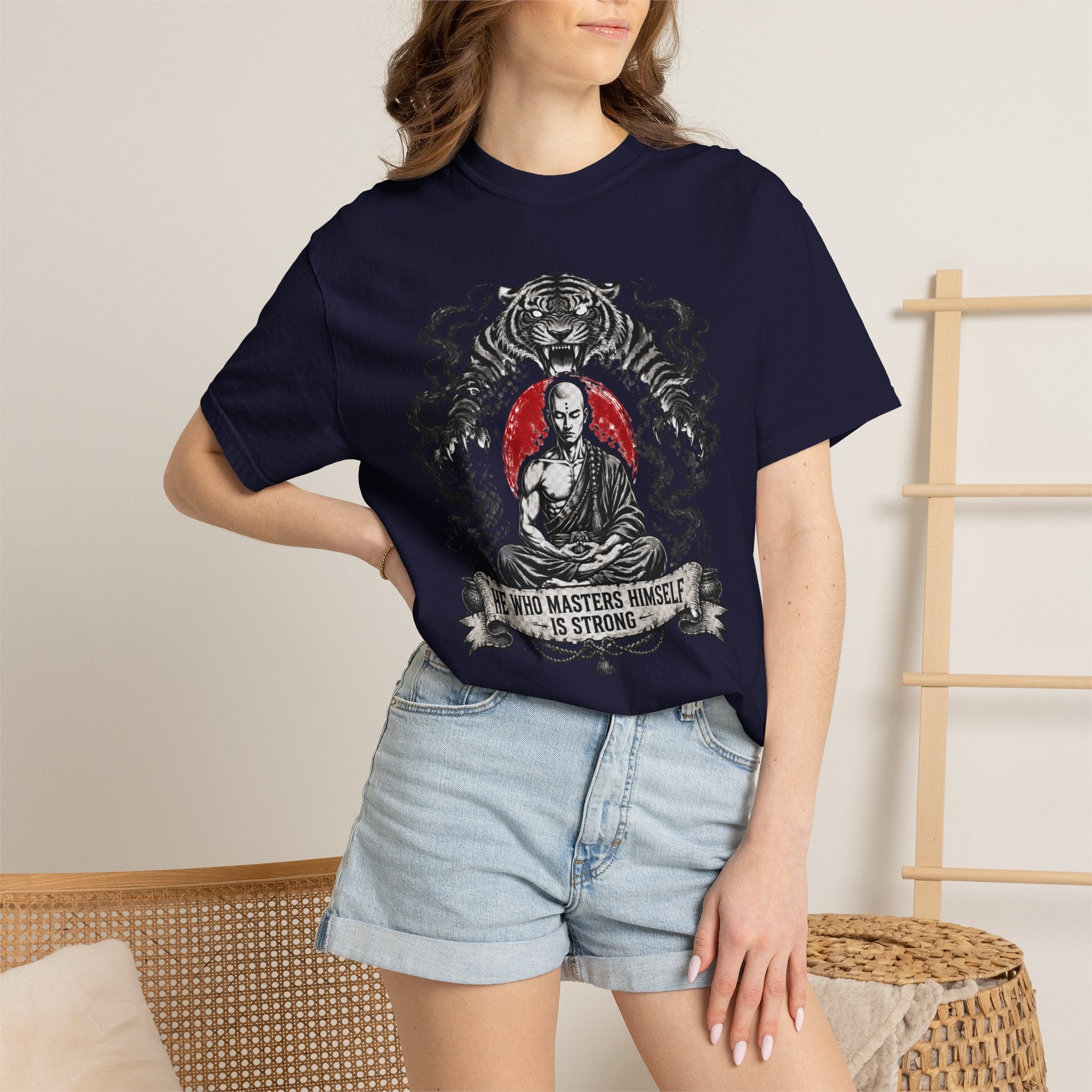 Meditation Tiger T-Shirt — "He Who Masters Himself is Strong" Zen Graphic Tee