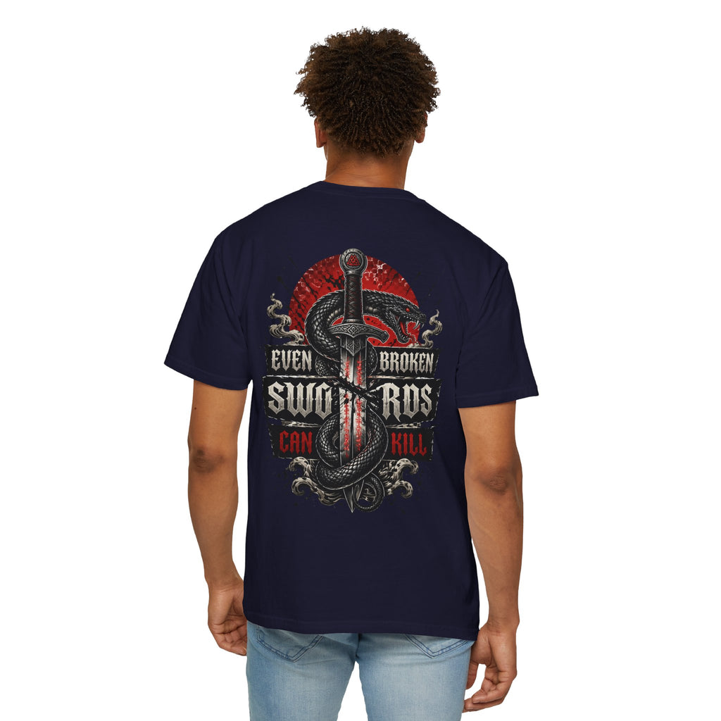 Graphic T-Shirt — "Even Broken Swords Can Kill" Snake & Dagger Back Print