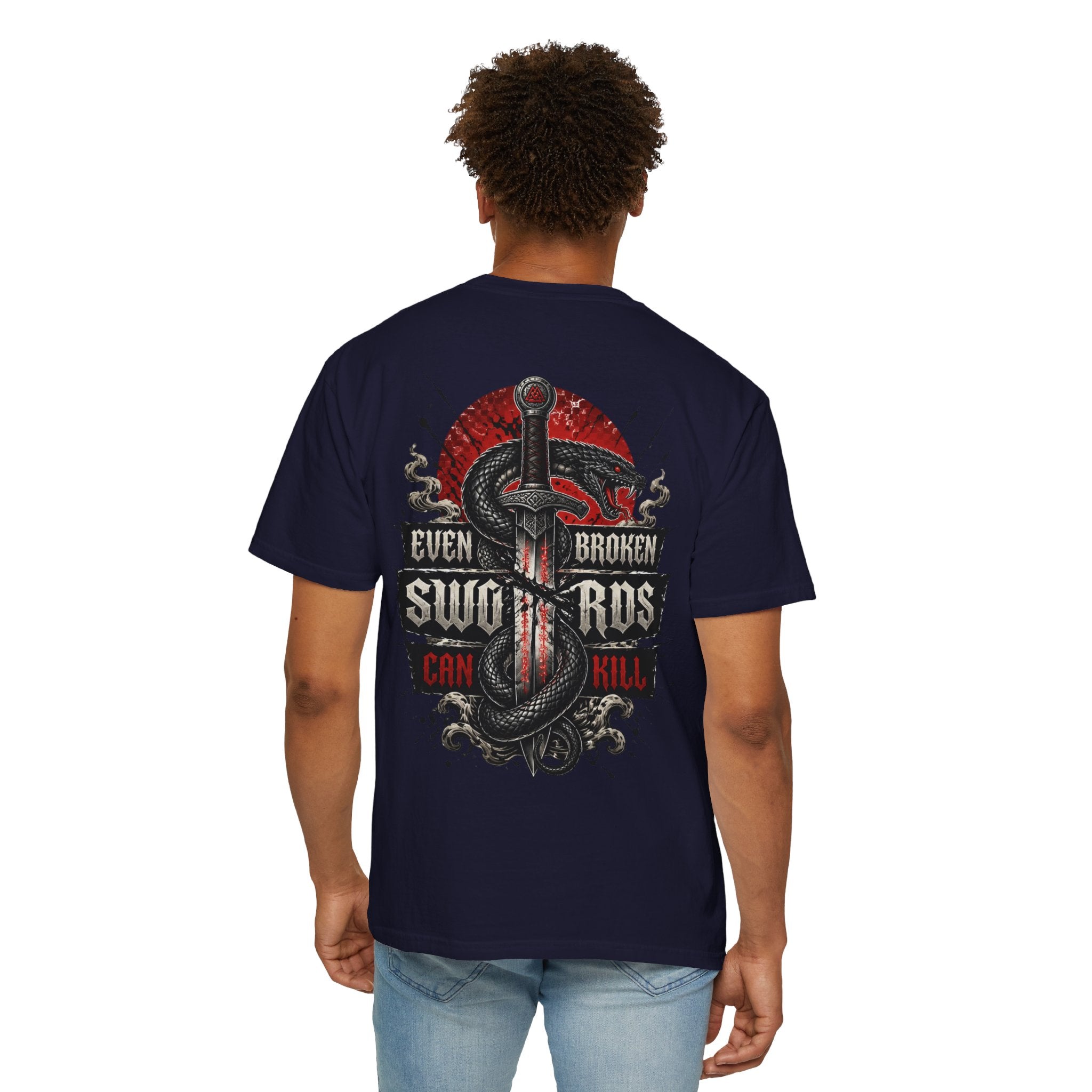 Graphic T-Shirt — "Even Broken Swords Can Kill" Snake & Dagger Back Print