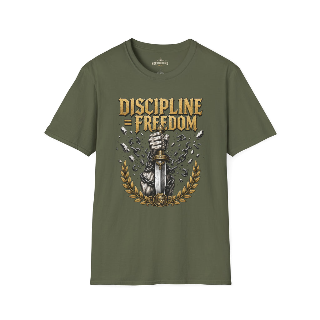 Discipline = Freedom T-Shirt — Motivational Sword & Fist Design