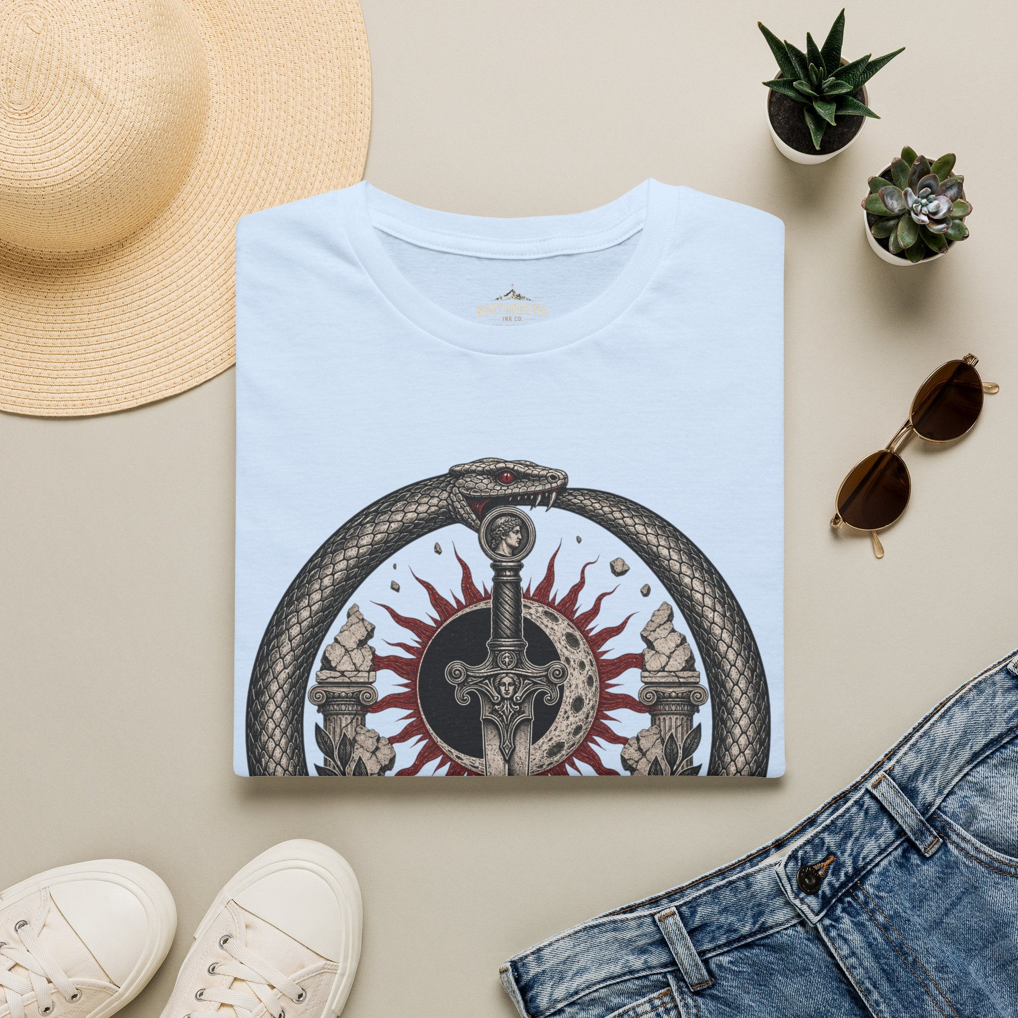 Amor Fati Sword T-Shirt — Sun & Ouroboros Graphic Tee