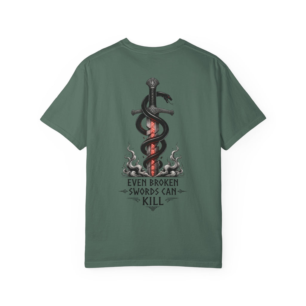 Graphic T-Shirt — 'Even Broken Swords Can Kill' Snake & Sword Back Print
