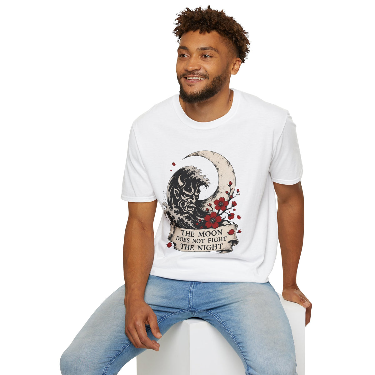 Moon & Wave Graphic T-Shirt — "The Moon Does Not Fight The Night"